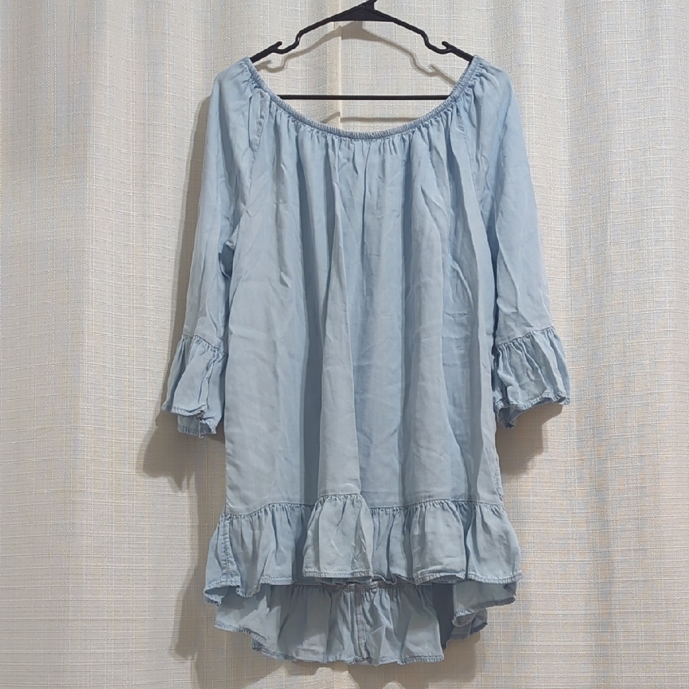 Women's Light Blue Off Shoulder Mini Dress Ruffle Hem Sleeves 1X Boho Chic Flowy